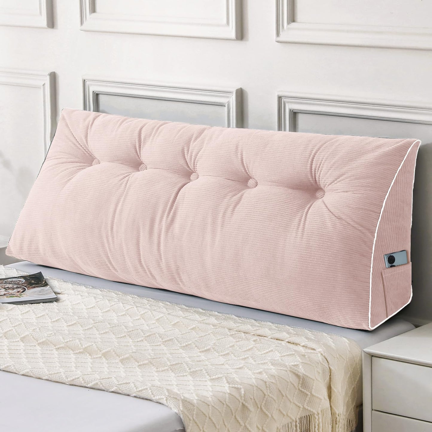 Kaymarli Queen Size Wedge Headboard Pillow Set with 2 Bolster Pillows, Velvet Back Support Reading Pillow with Removable Washable Cover