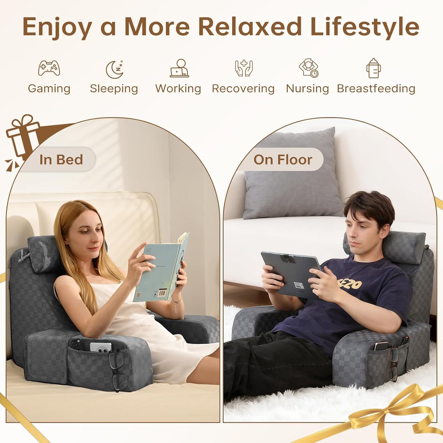 Kaymarli 19-Inch Wedge Reading Pillow with Removable Arms, Bed Rest Back Support Pillow with Side Pockets