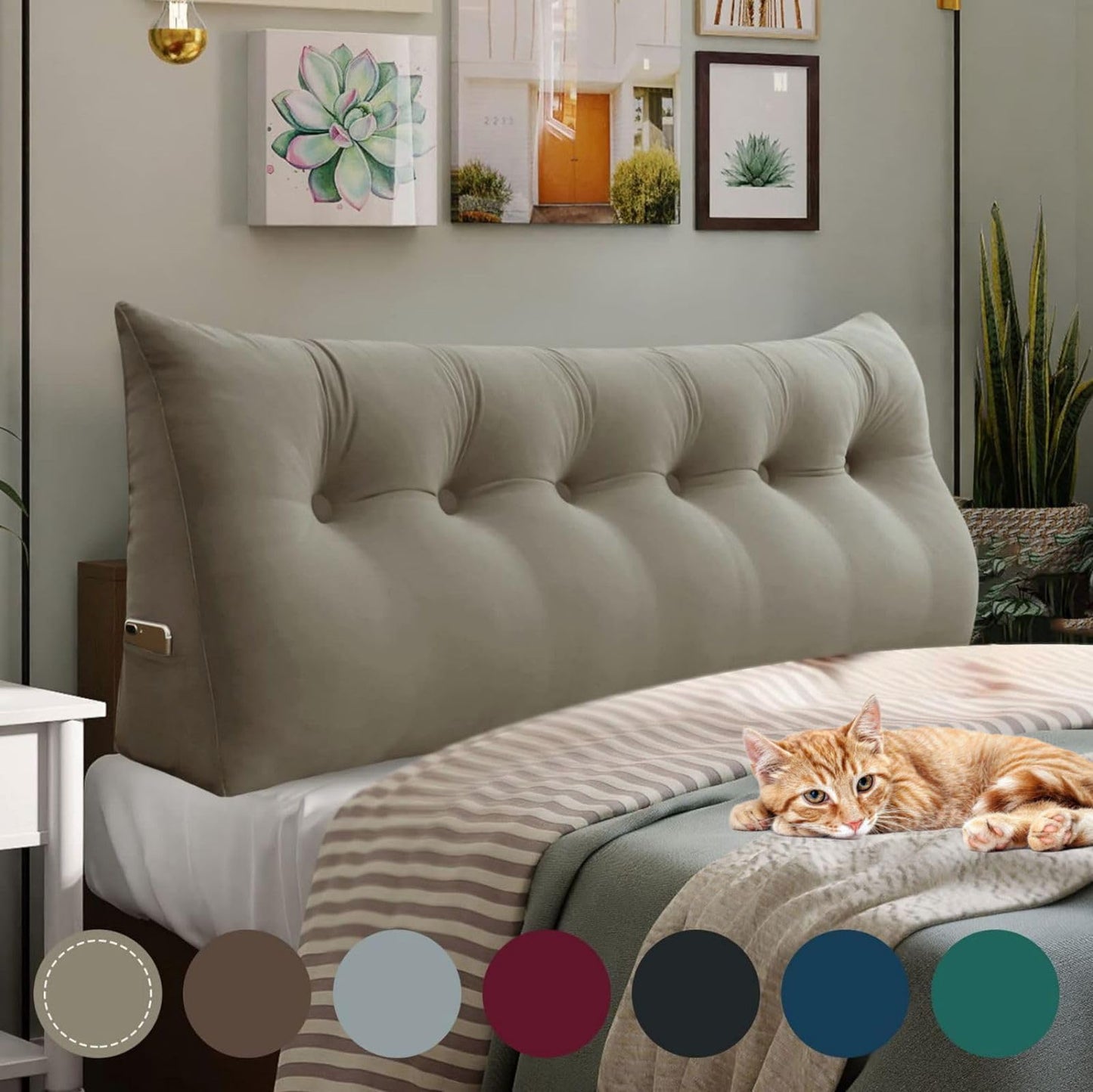 Kaymarli Queen Size Wedge Headboard Pillow with Side Pockets, Velvet Back Support Reading Pillow with Removable Washable Cover