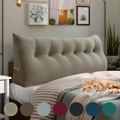 Kaymarli Queen Size Wedge Headboard Pillow with Side Pockets, Velvet Back Support Reading Pillow with Removable Washable Cover