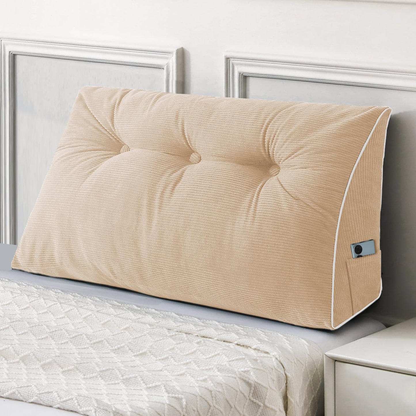 Kaymarli Queen Size Wedge Headboard Pillow Set with 2 Bolster Pillows, Velvet Back Support Reading Pillow with Removable Washable Cover