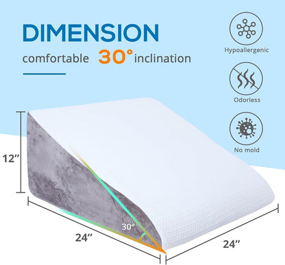 Kaymarli 24-Inch Memory Foam Bed Wedge Pillow with 30-Degree Incline, Ergonomic Back and Leg Support Pillow with Washable Cover