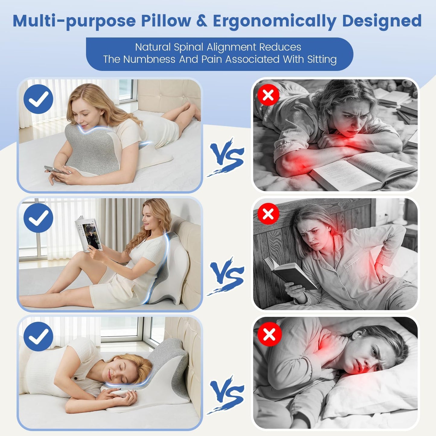 Kaymarli Memory Foam Wedge Reading Pillow with Cooling Ice Silk Cover, Dual-Usage Bed Rest Support Pillow