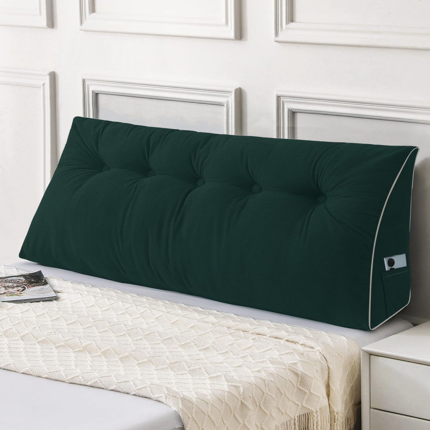 Kaymarli Queen Size Wedge Headboard Pillow Set with 2 Bolster Pillows, Velvet Back Support Reading Pillow with Removable Washable Cover