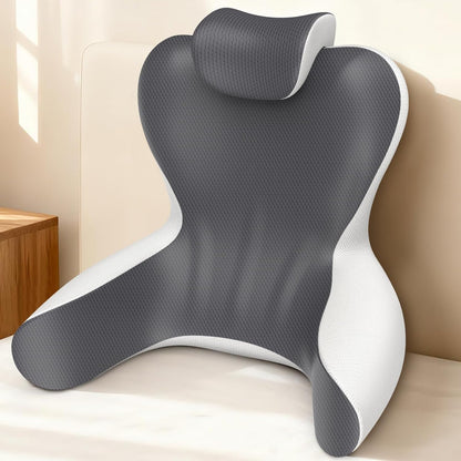Kaymarli Queen Size Memory Foam Reading Pillow with Detachable Neck Roll, Bed Rest Back Support Pillow with Arms, Grey & White