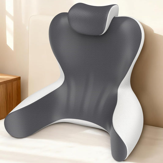Kaymarli Queen Size Memory Foam Reading Pillow with Detachable Neck Roll, Bed Rest Back Support Pillow with Arms, Grey & White