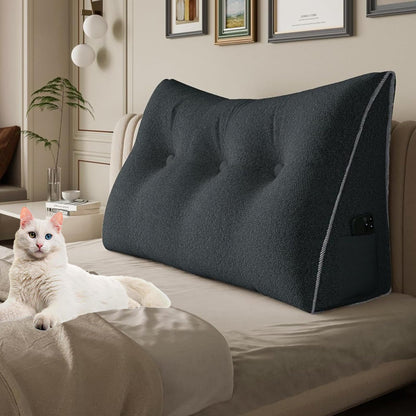 Kaymarli Queen Size Wedge Headboard Pillow with Side Pockets, Velvet Back Support Reading Pillow with Removable Washable Cover