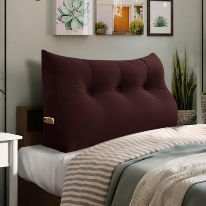 Kaymarli Queen Size Wedge Headboard Pillow with Side Pockets, Velvet Back Support Reading Pillow with Removable Washable Cover