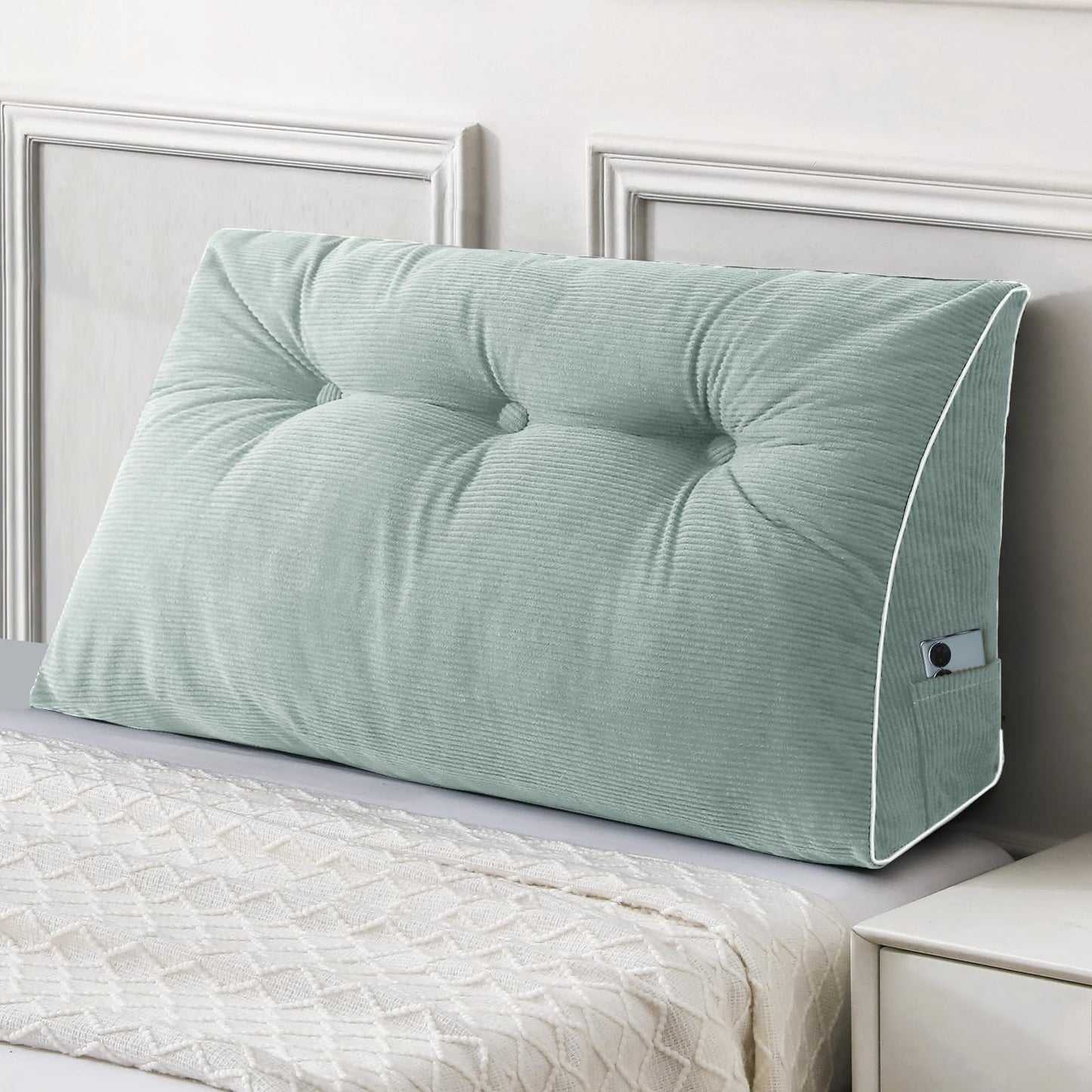 Kaymarli Queen Size Wedge Headboard Pillow Set with 2 Bolster Pillows, Velvet Back Support Reading Pillow with Removable Washable Cover