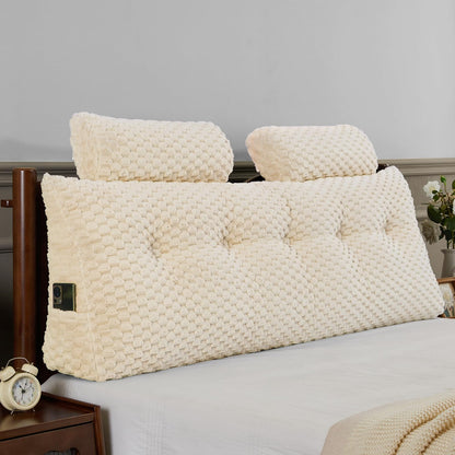 Kaymarli Queen Size Wedge Headboard Pillow Set with 2 Roll Pillows, Velvet Back Support Reading Pillow with Removable Washable Cover