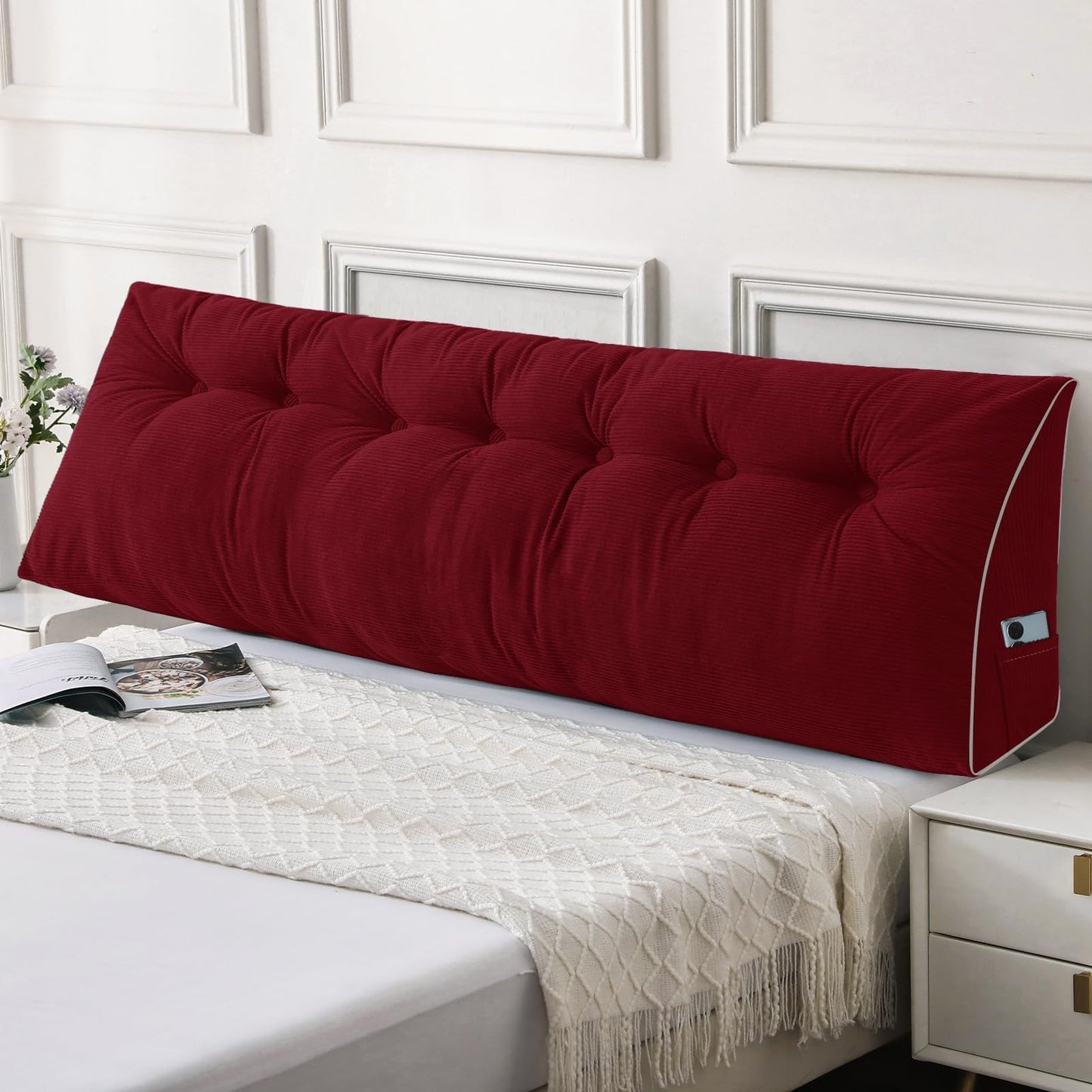 Kaymarli Queen Size Wedge Headboard Pillow Set with 2 Bolster Pillows, Velvet Back Support Reading Pillow with Removable Washable Cover
