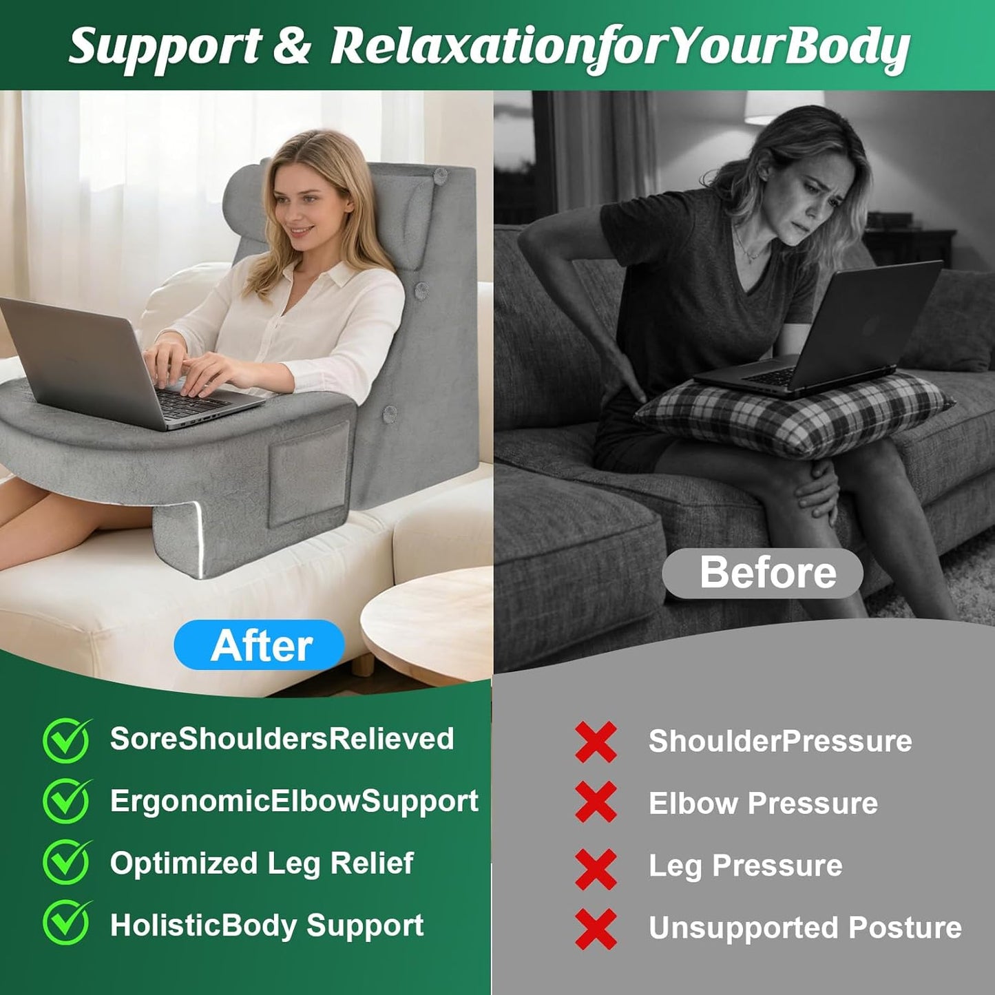 Kaymarli Adjustable 3-Piece Reading Wedge Pillow Set with Laptop Tray, Modular Bed Rest Support System with Side Pockets