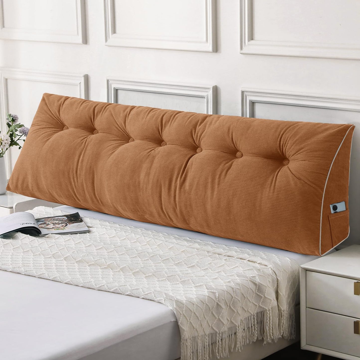 Kaymarli Queen Size Wedge Headboard Pillow Set with 2 Bolster Pillows, Velvet Back Support Reading Pillow with Removable Washable Cover