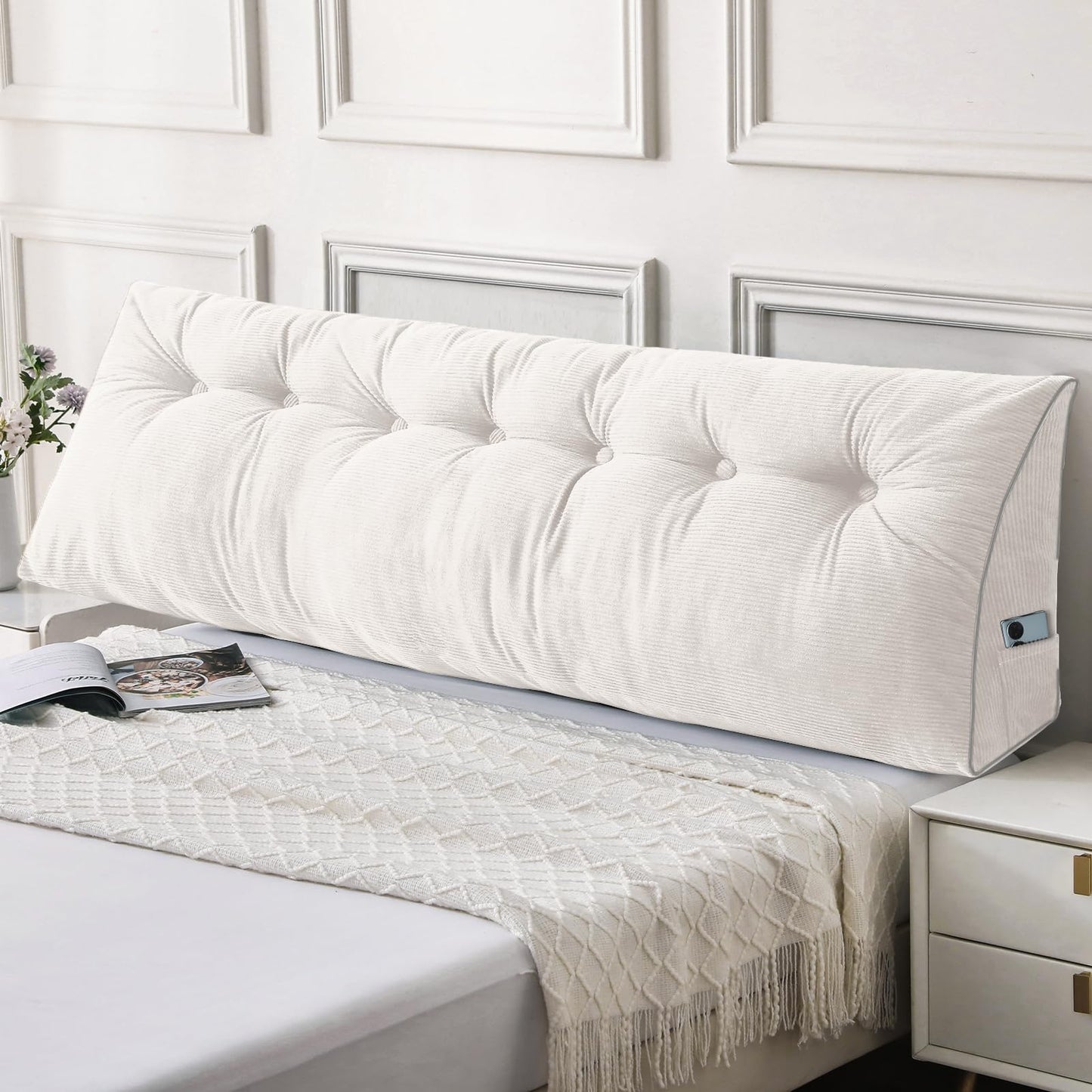 Kaymarli Queen Size Wedge Headboard Pillow Set with 2 Bolster Pillows, Velvet Back Support Reading Pillow with Removable Washable Cover