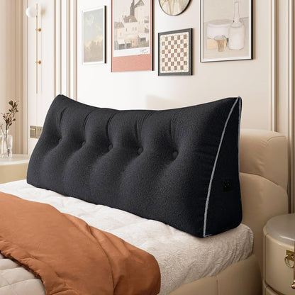 Kaymarli Queen Size Wedge Headboard Pillow with Side Pockets, Velvet Back Support Reading Pillow with Removable Washable Cover