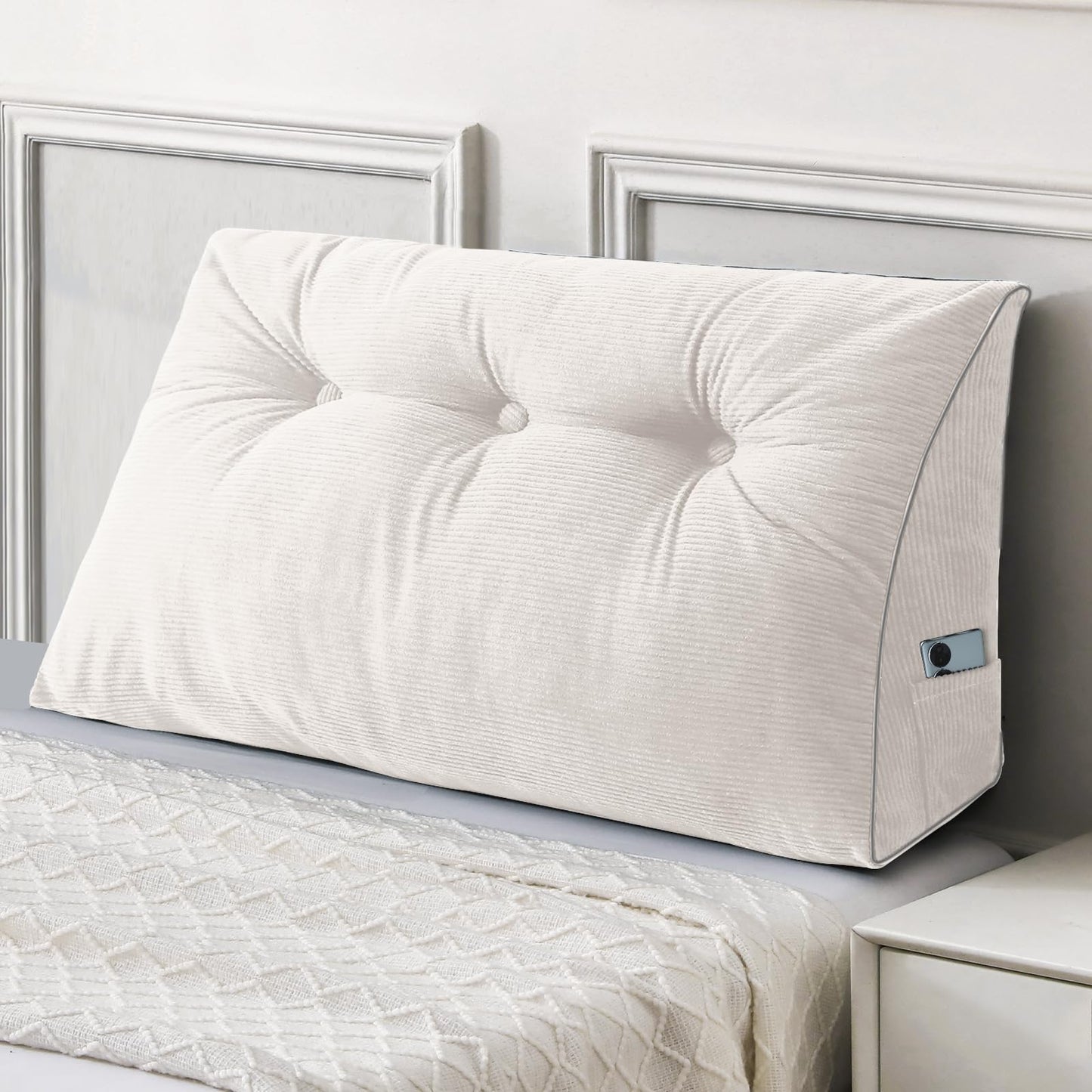 Kaymarli Queen Size Wedge Headboard Pillow Set with 2 Bolster Pillows, Velvet Back Support Reading Pillow with Removable Washable Cover
