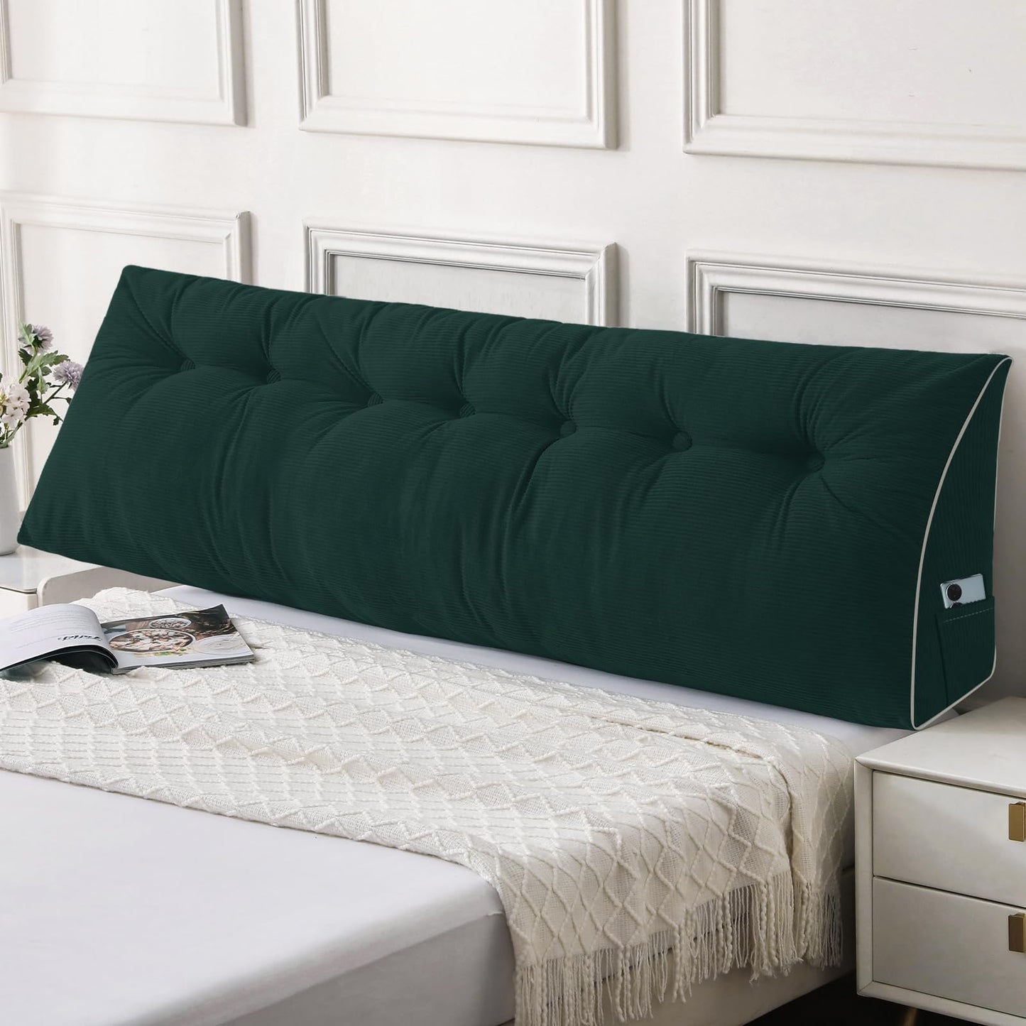 Kaymarli Queen Size Wedge Headboard Pillow Set with 2 Bolster Pillows, Velvet Back Support Reading Pillow with Removable Washable Cover