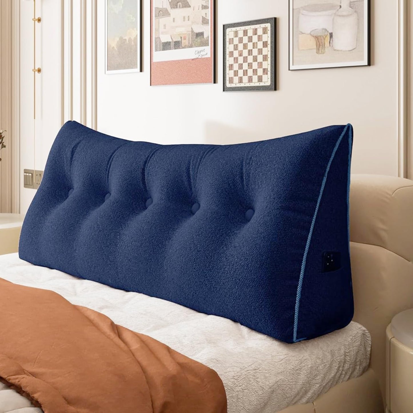Kaymarli Queen Size Wedge Headboard Pillow with Side Pockets, Velvet Back Support Reading Pillow with Removable Washable Cover