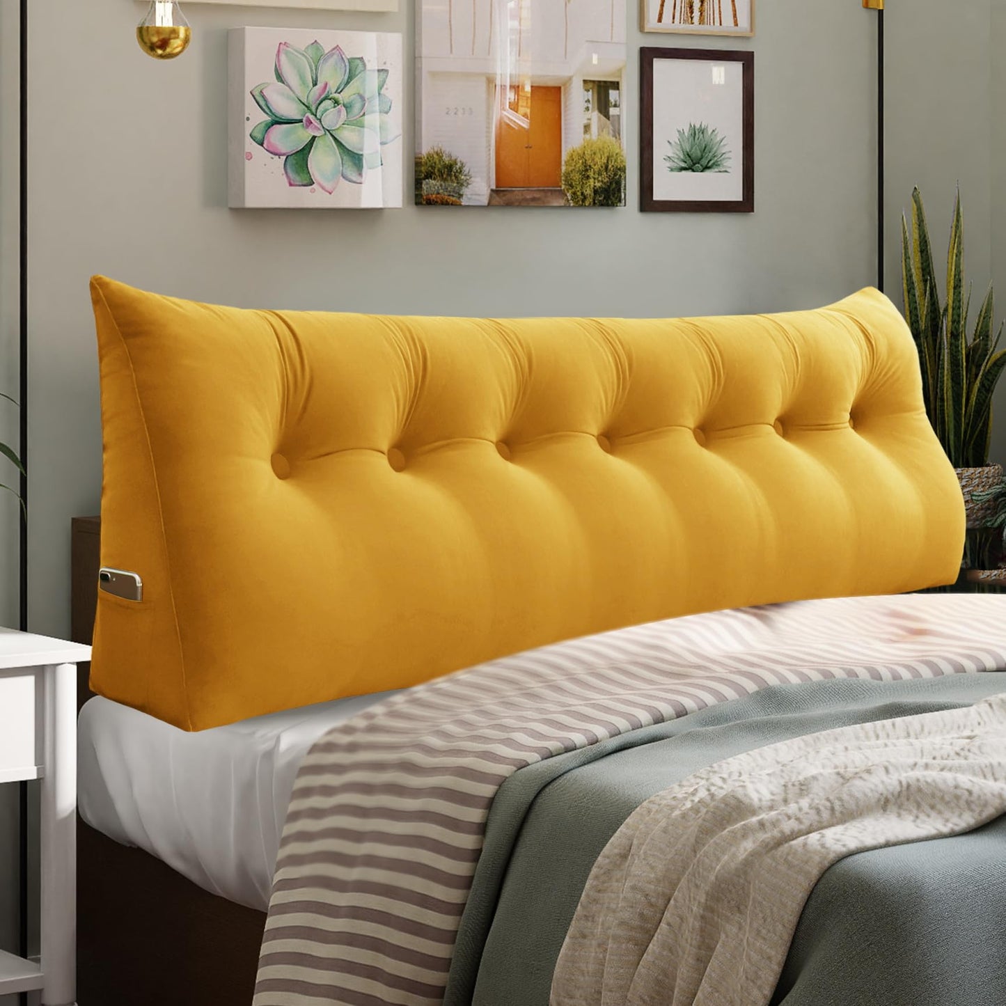 Kaymarli Queen Size Wedge Headboard Pillow with Side Pockets, Velvet Back Support Reading Pillow with Removable Washable Cover