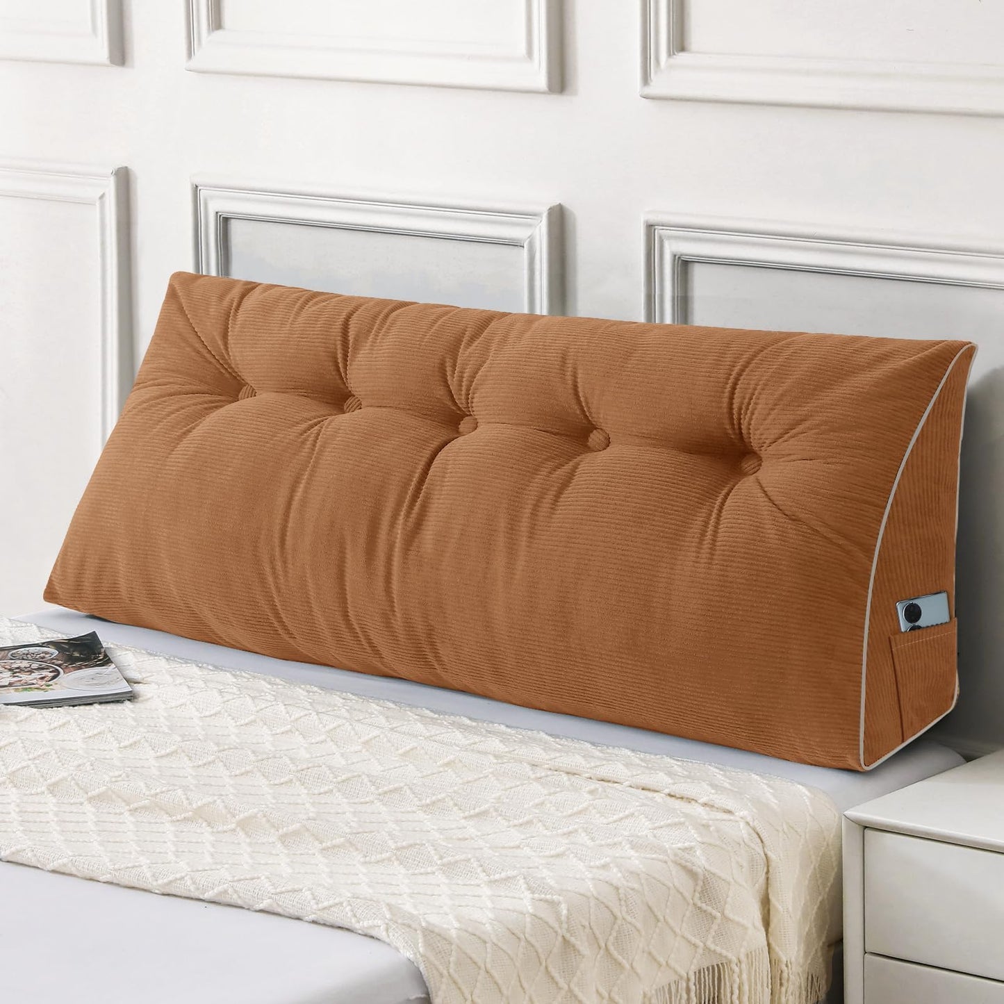 Kaymarli Queen Size Wedge Headboard Pillow Set with 2 Bolster Pillows, Velvet Back Support Reading Pillow with Removable Washable Cover