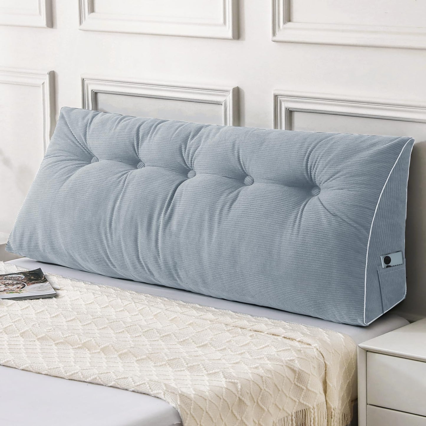 Kaymarli Queen Size Wedge Headboard Pillow Set with 2 Bolster Pillows, Velvet Back Support Reading Pillow with Removable Washable Cover
