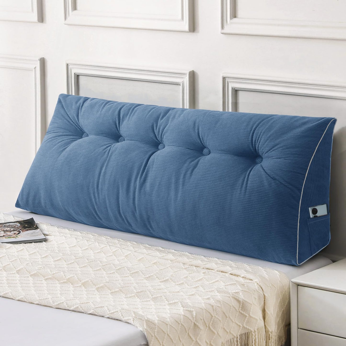 Kaymarli Queen Size Wedge Headboard Pillow Set with 2 Bolster Pillows, Velvet Back Support Reading Pillow with Removable Washable Cover