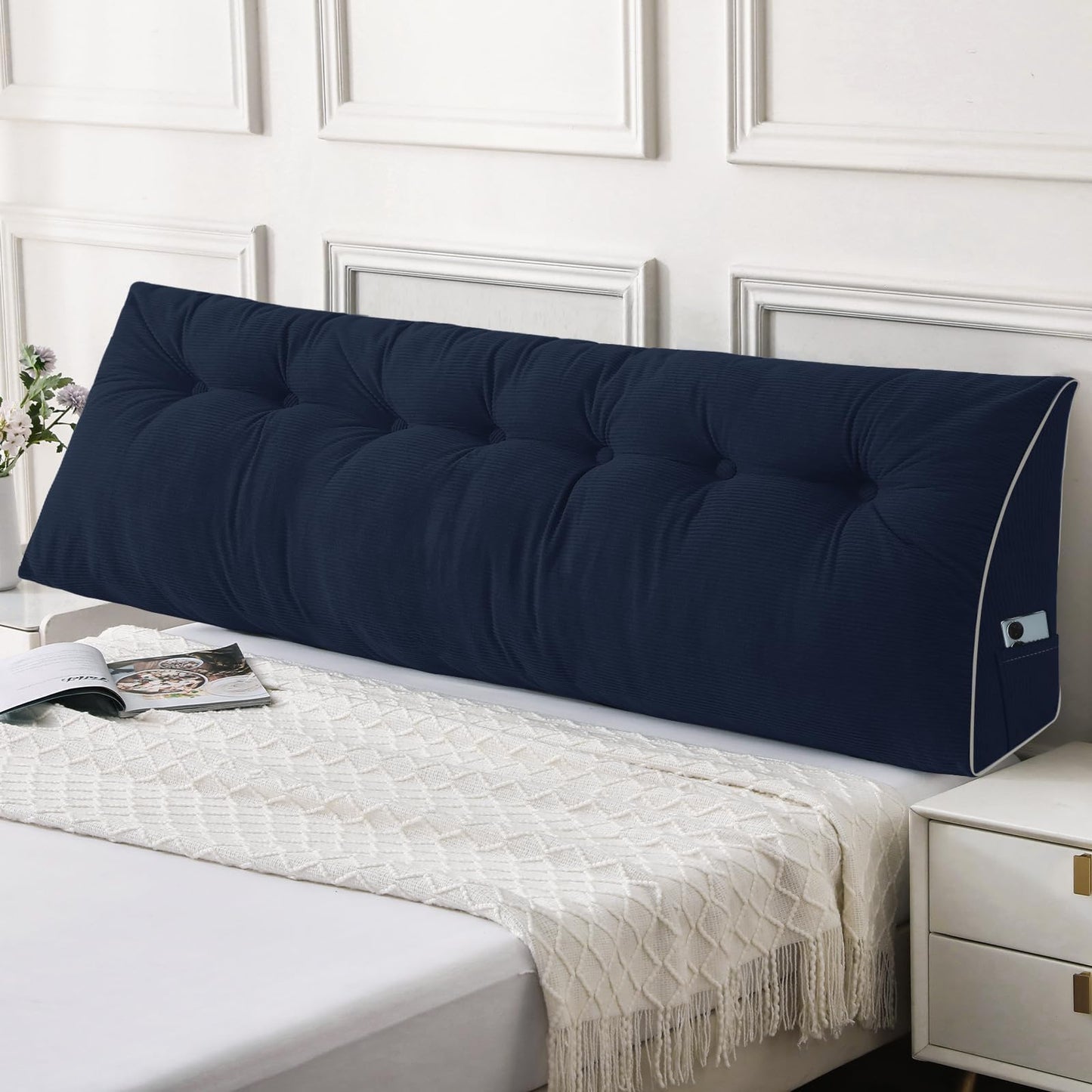 Kaymarli Queen Size Wedge Headboard Pillow Set with 2 Bolster Pillows, Velvet Back Support Reading Pillow with Removable Washable Cover