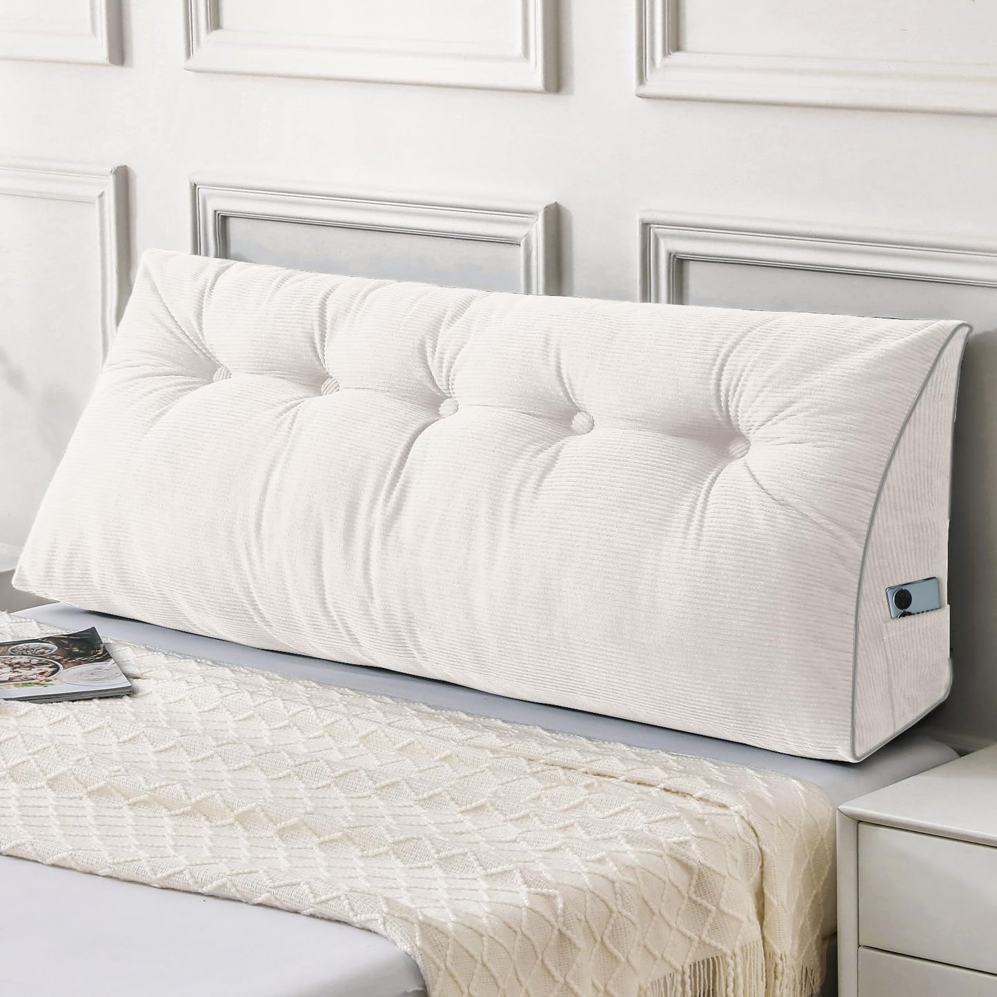 Kaymarli Queen Size Wedge Headboard Pillow Set with 2 Bolster Pillows, Velvet Back Support Reading Pillow with Removable Washable Cover