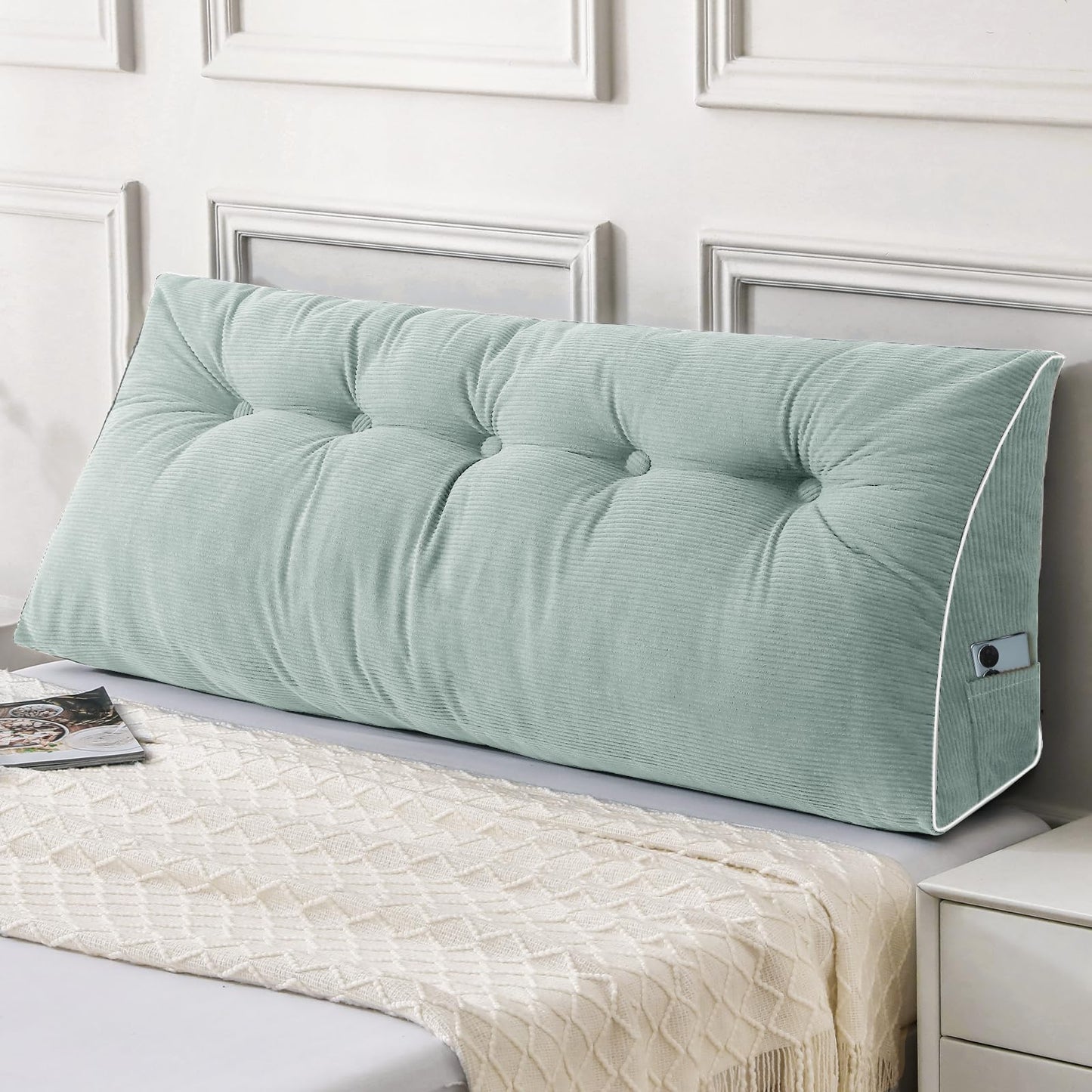 Kaymarli Queen Size Wedge Headboard Pillow Set with 2 Bolster Pillows, Velvet Back Support Reading Pillow with Removable Washable Cover