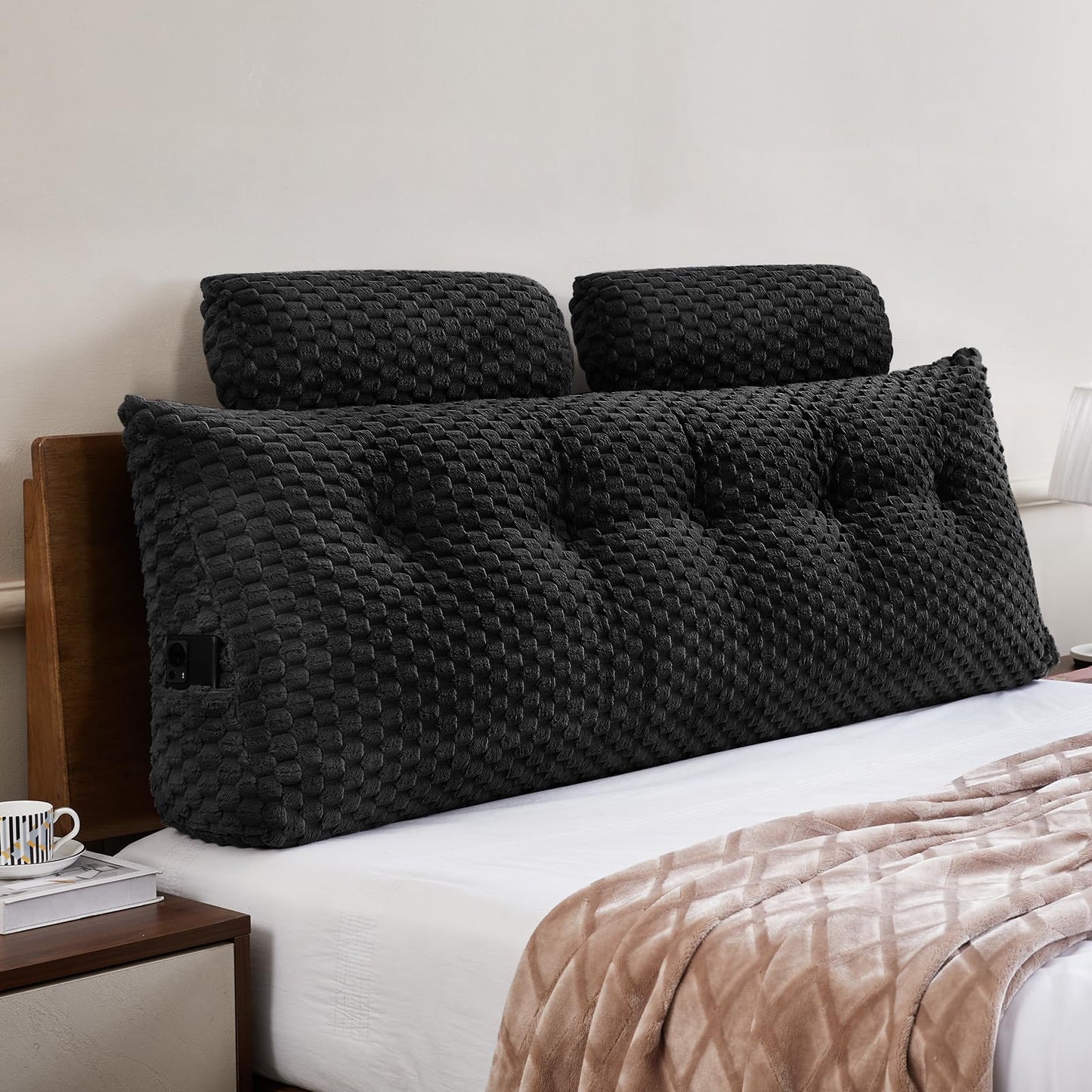 Kaymarli Queen Size Wedge Headboard Pillow Set with 2 Roll Pillows, Velvet Back Support Reading Pillow with Removable Washable Cover