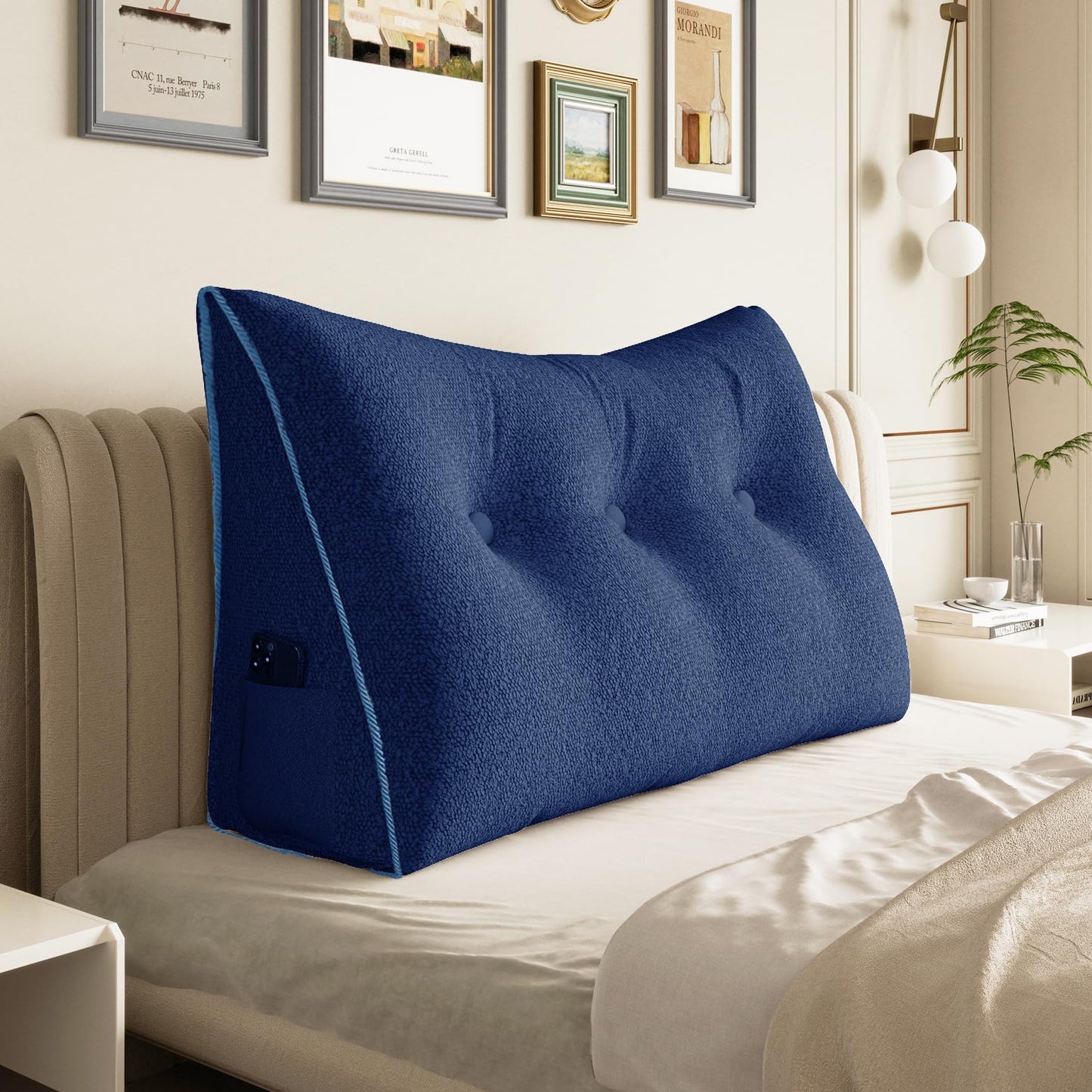 Kaymarli Queen Size Wedge Headboard Pillow with Side Pockets, Velvet Back Support Reading Pillow with Removable Washable Cover