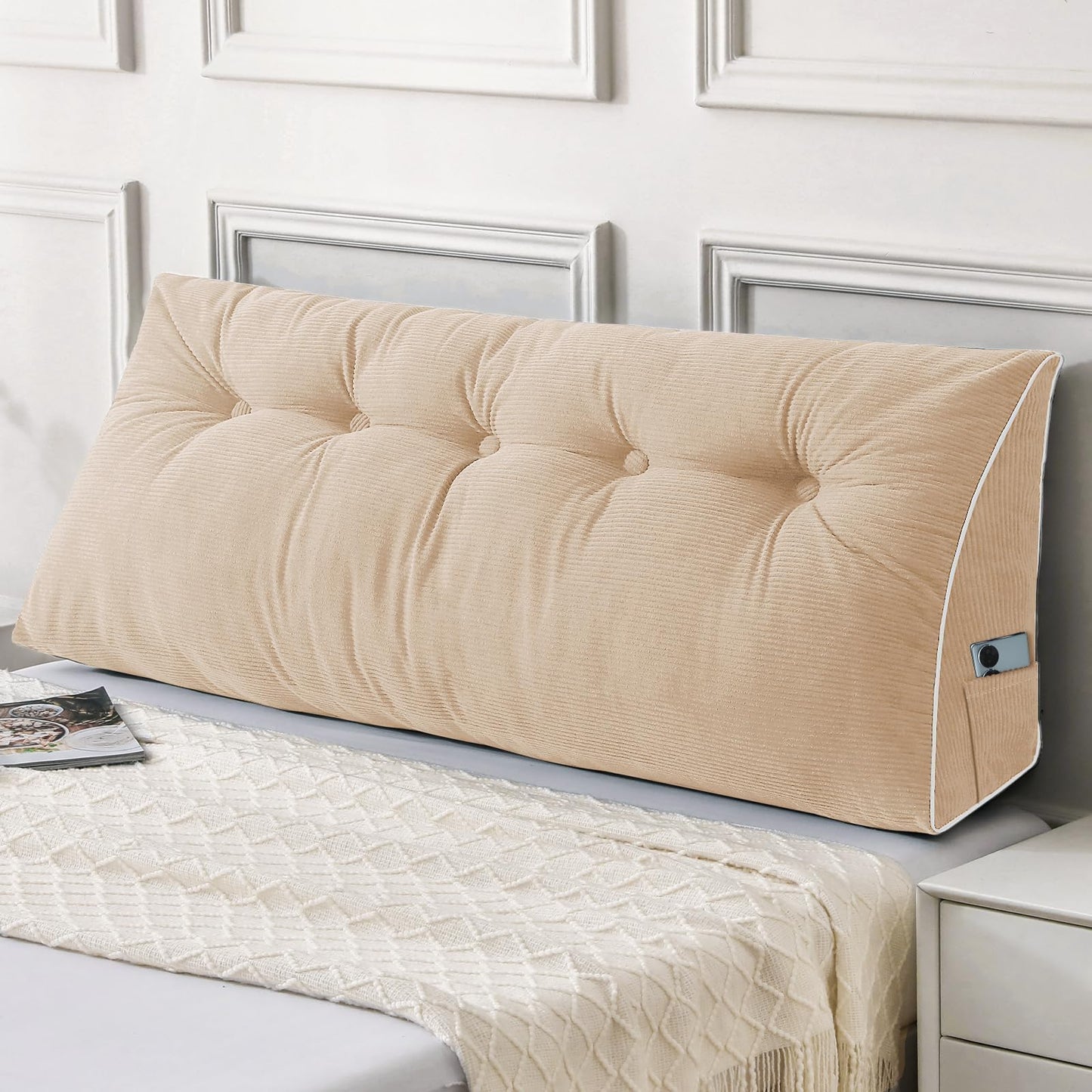 Kaymarli Queen Size Wedge Headboard Pillow Set with 2 Bolster Pillows, Velvet Back Support Reading Pillow with Removable Washable Cover