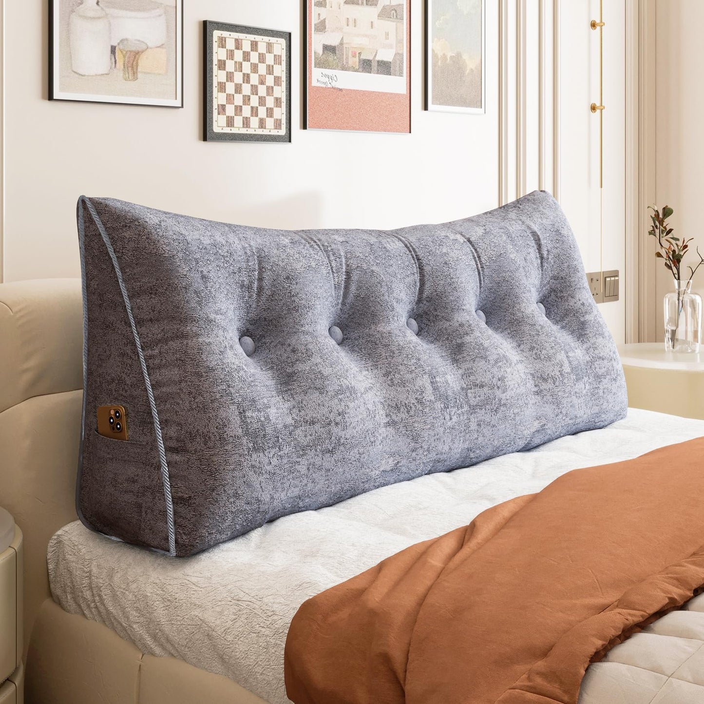 Kaymarli Queen Size Wedge Headboard Pillow with Side Pockets, Velvet Back Support Reading Pillow with Removable Washable Cover