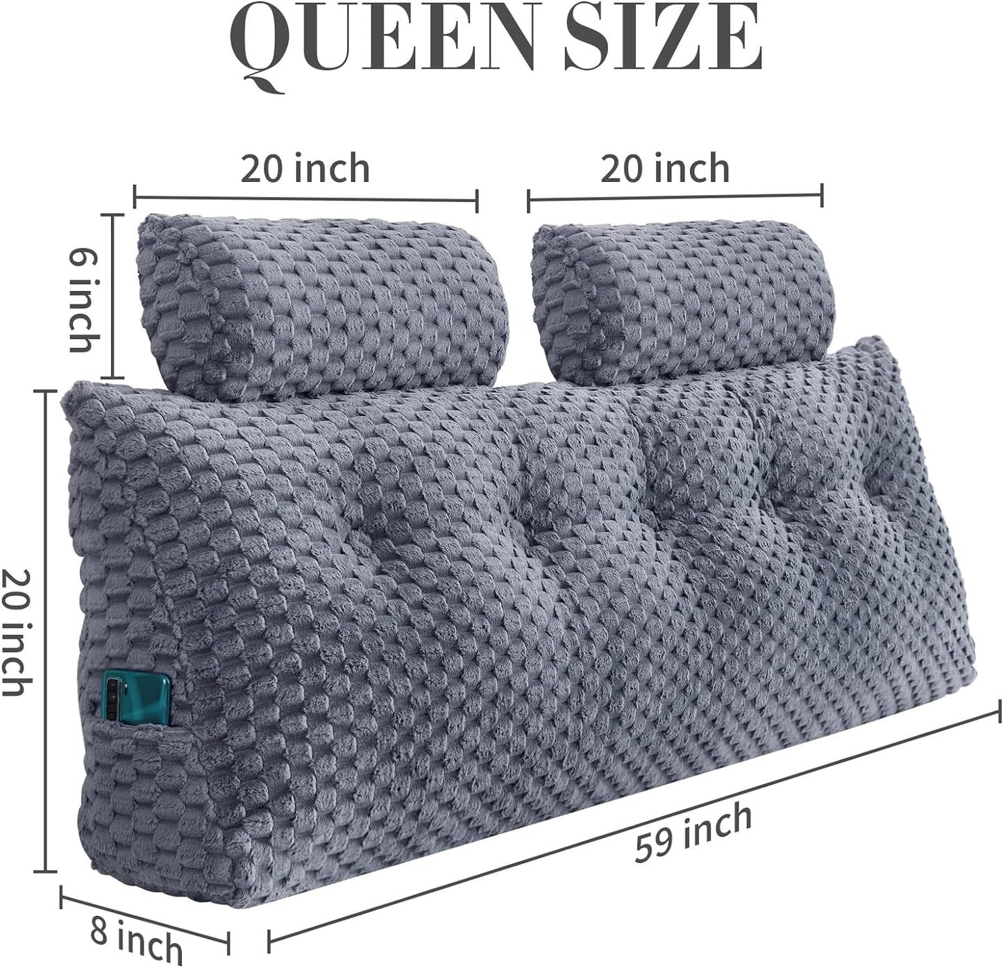 Kaymarli Queen Size Wedge Headboard Pillow Set with 2 Roll Pillows, Velvet Back Support Reading Pillow with Removable Washable Cover