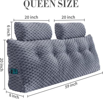 Kaymarli Queen Size Wedge Headboard Pillow Set with 2 Roll Pillows, Velvet Back Support Reading Pillow with Removable Washable Cover