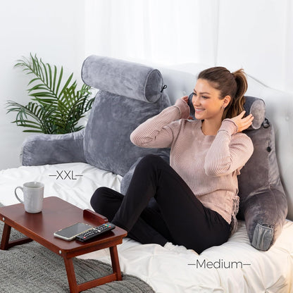 Kaymarli XX-Large Reading Pillow with Arms and Neck Roll, Shredded Memory Foam Bed Rest Pillow with Removable Cover and Side Pockets, Grey