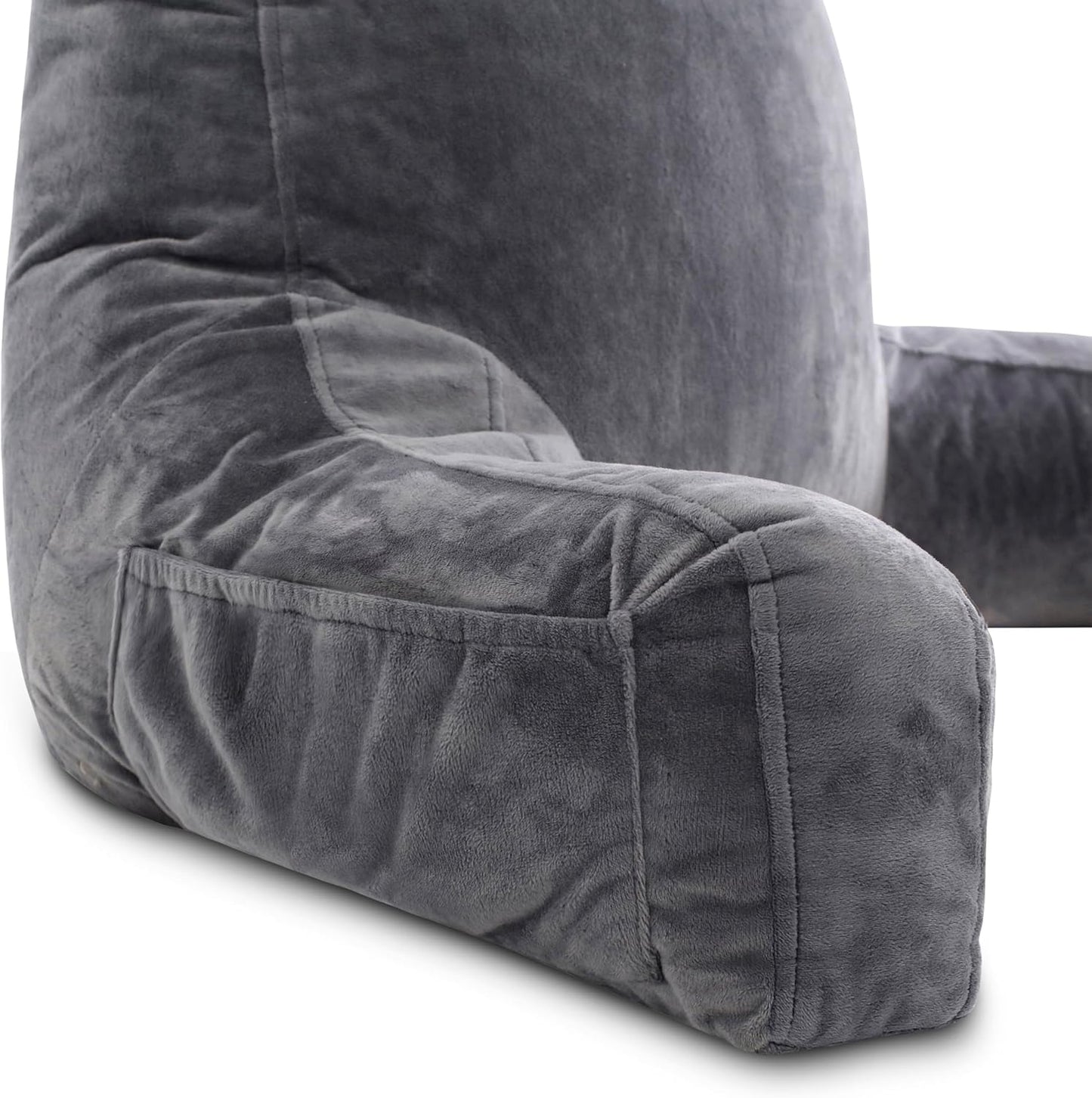 Kaymarli XX-Large Reading Pillow with Arms and Neck Roll, Shredded Memory Foam Bed Rest Pillow with Removable Cover and Side Pockets, Grey