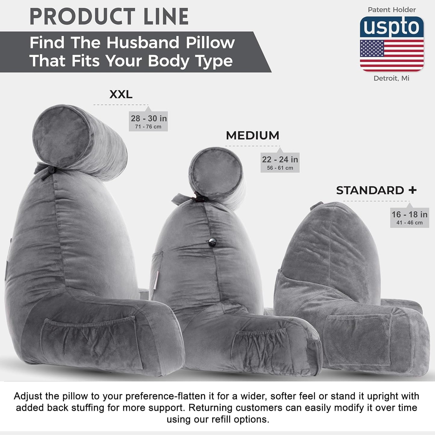 Kaymarli XX-Large Reading Pillow with Arms and Neck Roll, Shredded Memory Foam Bed Rest Pillow with Removable Cover and Side Pockets, Grey