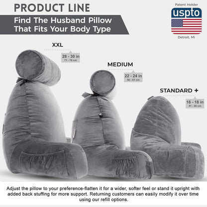 Kaymarli XX-Large Reading Pillow with Arms and Neck Roll, Shredded Memory Foam Bed Rest Pillow with Removable Cover and Side Pockets, Grey