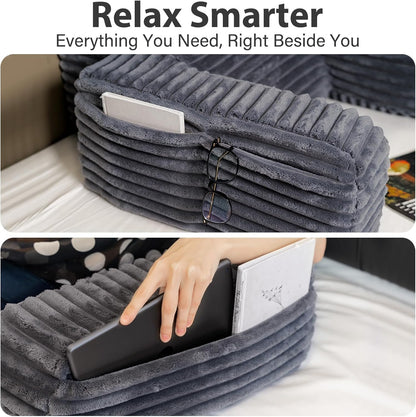 Kaymarli 60-Degree Wedge Reading Pillow with Faux Fur Cover, Side Pockets and Portable Handle, XL Bed Rest Back Support Pillow