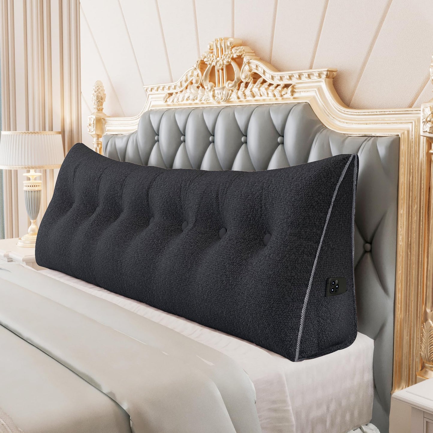 Kaymarli Queen Size Wedge Headboard Pillow with Side Pockets, Velvet Back Support Reading Pillow with Removable Washable Cover
