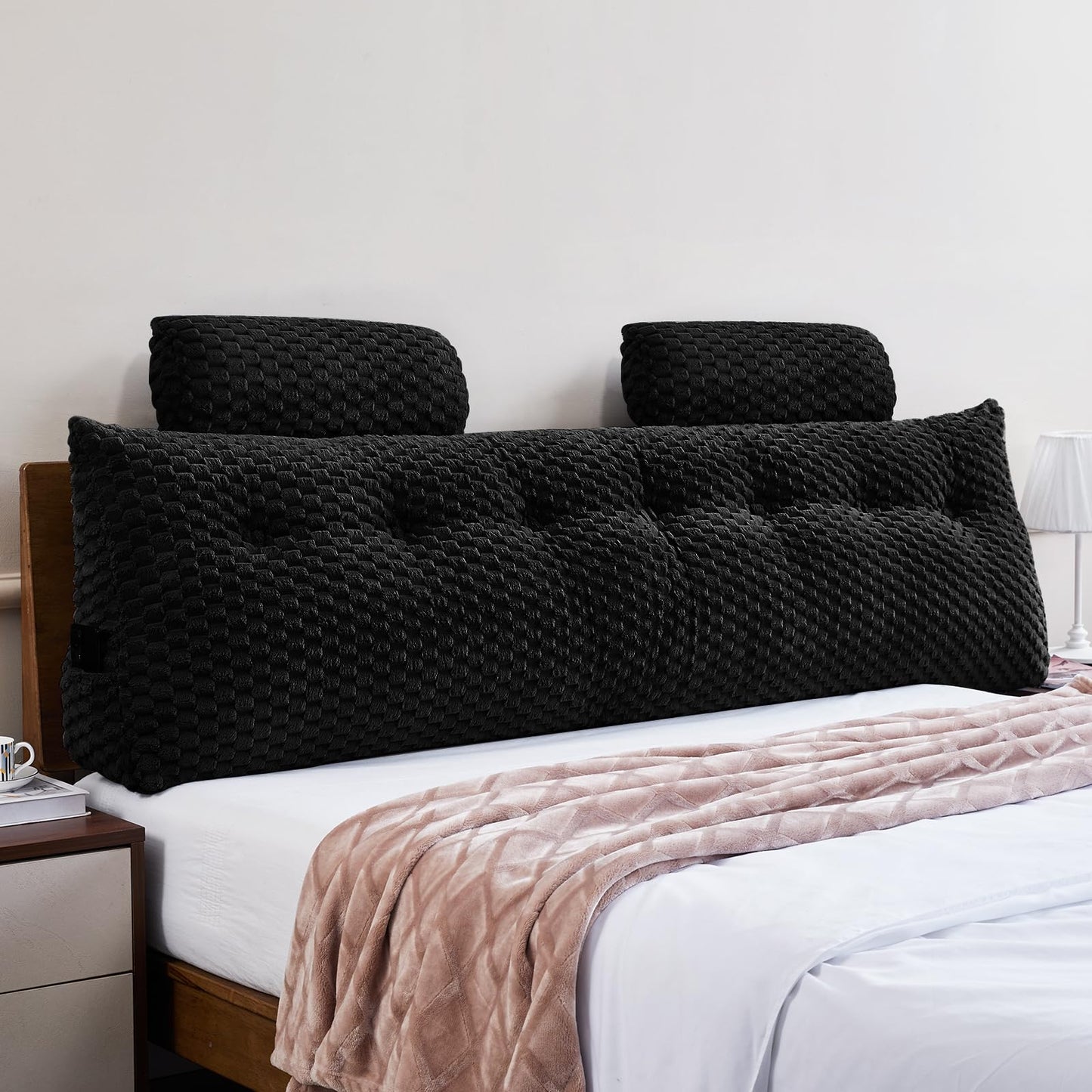 Kaymarli Queen Size Wedge Headboard Pillow Set with 2 Roll Pillows, Velvet Back Support Reading Pillow with Removable Washable Cover