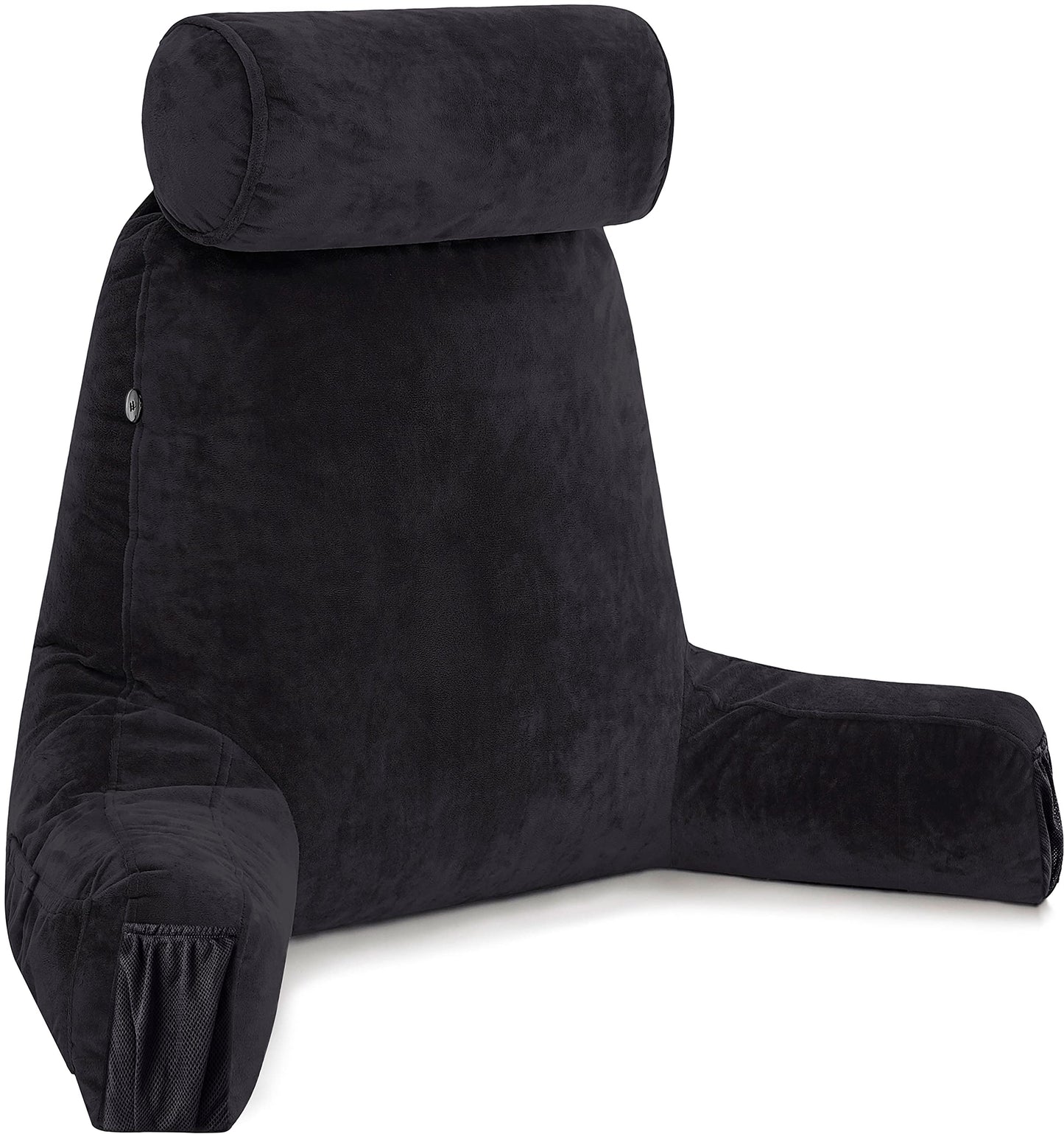Kaymarli XX-Large Reading Pillow with Arms and Neck Roll, Shredded Memory Foam Bed Rest Pillow with Removable Cover and Side Pockets, Grey