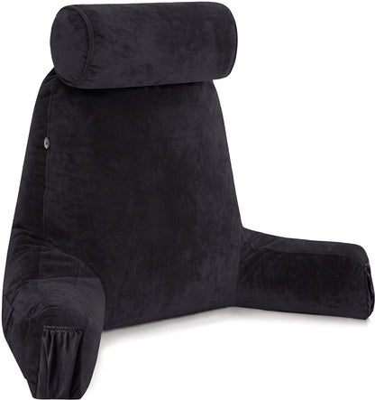 Kaymarli XX-Large Reading Pillow with Arms and Neck Roll, Shredded Memory Foam Bed Rest Pillow with Removable Cover and Side Pockets, Grey