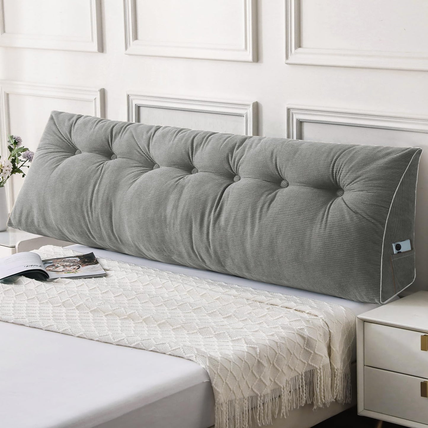 Kaymarli Queen Size Wedge Headboard Pillow Set with 2 Bolster Pillows, Velvet Back Support Reading Pillow with Removable Washable Cover