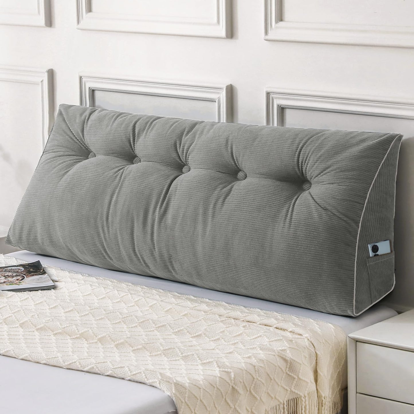 Kaymarli Queen Size Wedge Headboard Pillow Set with 2 Bolster Pillows, Velvet Back Support Reading Pillow with Removable Washable Cover
