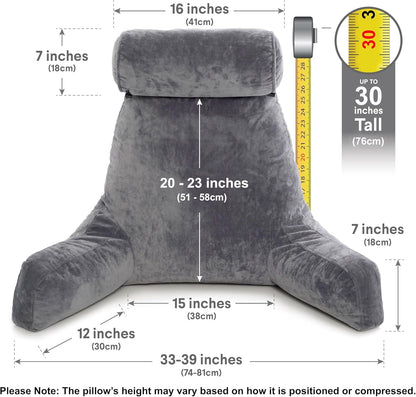Kaymarli XX-Large Reading Pillow with Arms and Neck Roll, Shredded Memory Foam Bed Rest Pillow with Removable Cover and Side Pockets, Grey