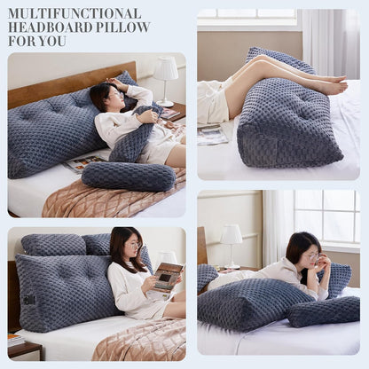 Kaymarli Queen Size Wedge Headboard Pillow Set with 2 Roll Pillows, Velvet Back Support Reading Pillow with Removable Washable Cover