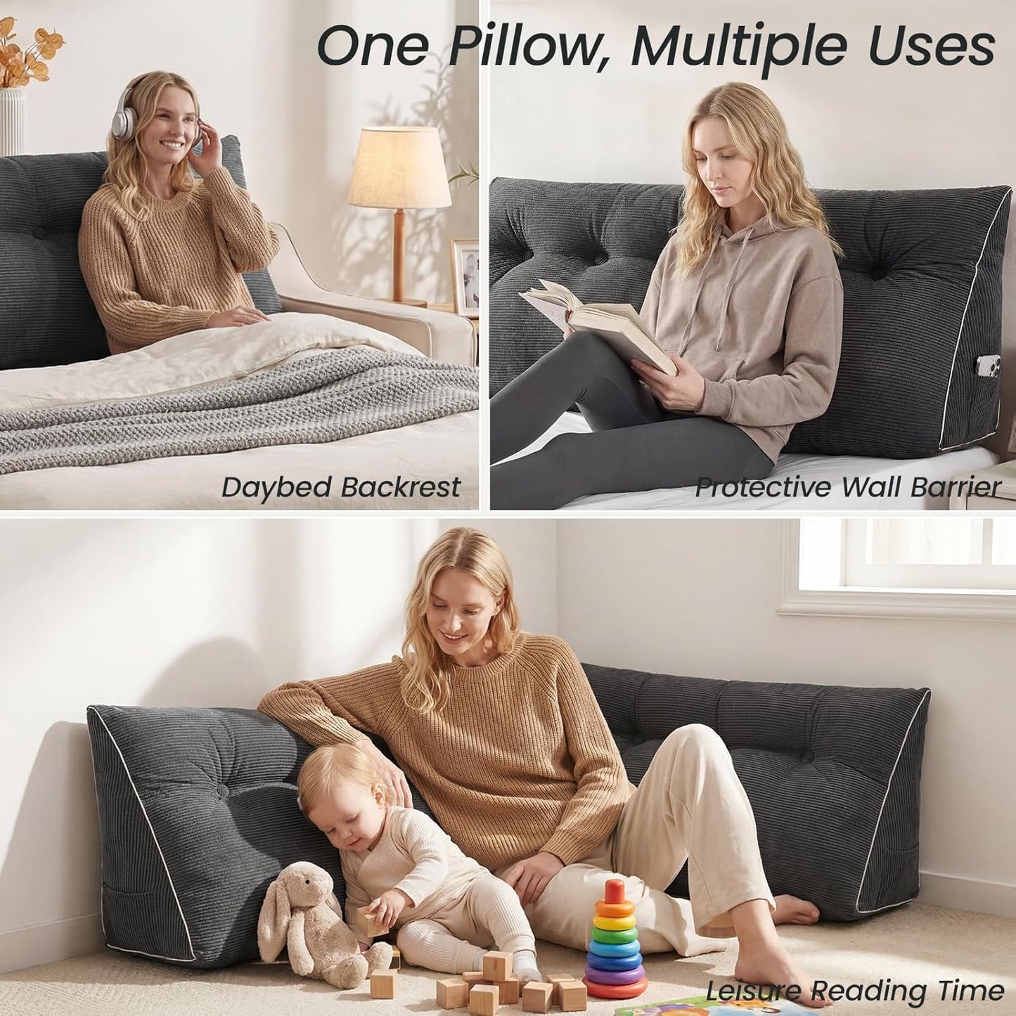 Kaymarli Queen Size Wedge Headboard Pillow Set with 2 Bolster Pillows, Velvet Back Support Reading Pillow with Removable Washable Cover