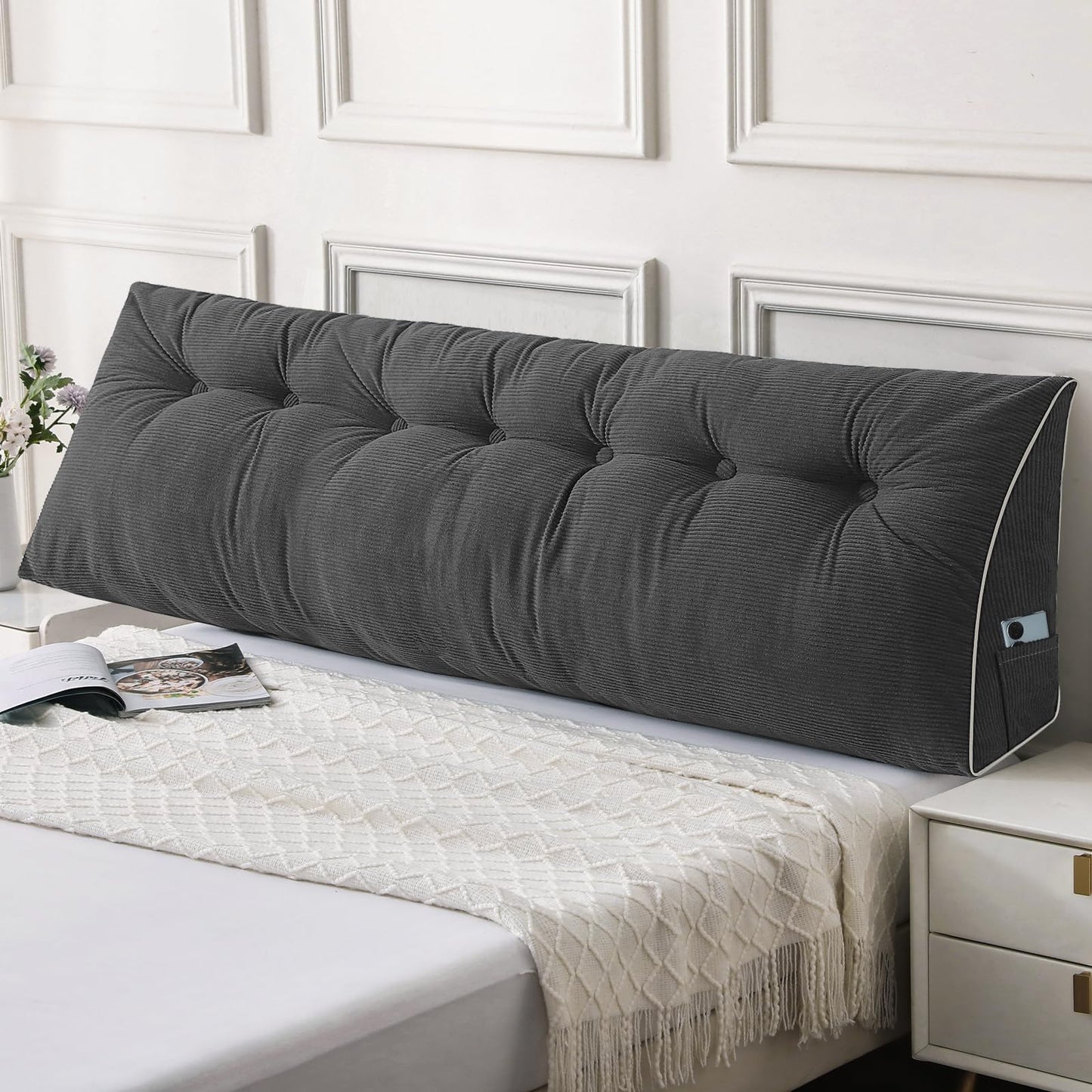 Kaymarli Queen Size Wedge Headboard Pillow Set with 2 Bolster Pillows, Velvet Back Support Reading Pillow with Removable Washable Cover